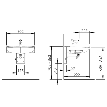 Dimensions - Elévateur de lavabo PMR Basicline 406-11 : réglage par vérin à gaz