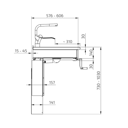 Dimensions - Module Kitchenette PMR à manivelle Granberg 6350-ESFS